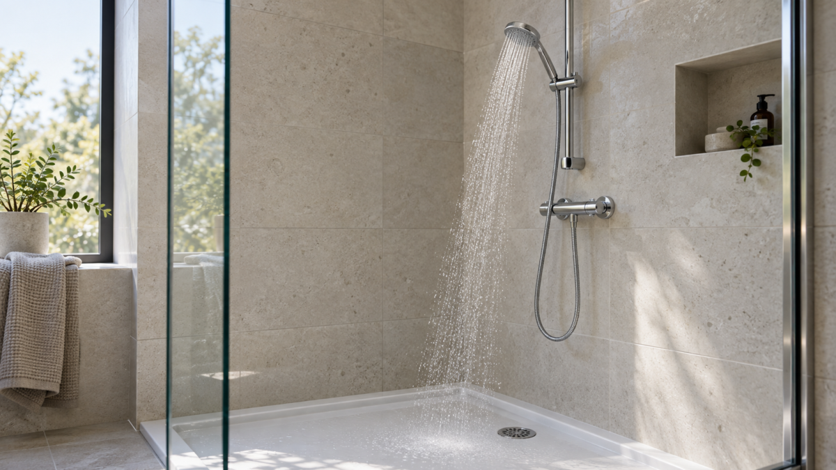Soffione e miscelatore di una doccia vuota con un getto d’acqua, senza persone esposte alla temperatura