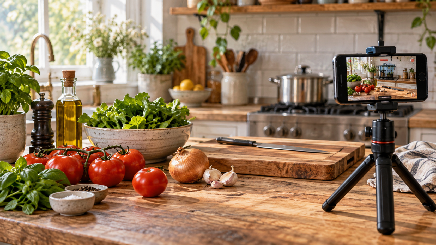 Illustrazione di una cucina con smartphone su treppiede che riprende verdure e utensili su un piano di lavoro