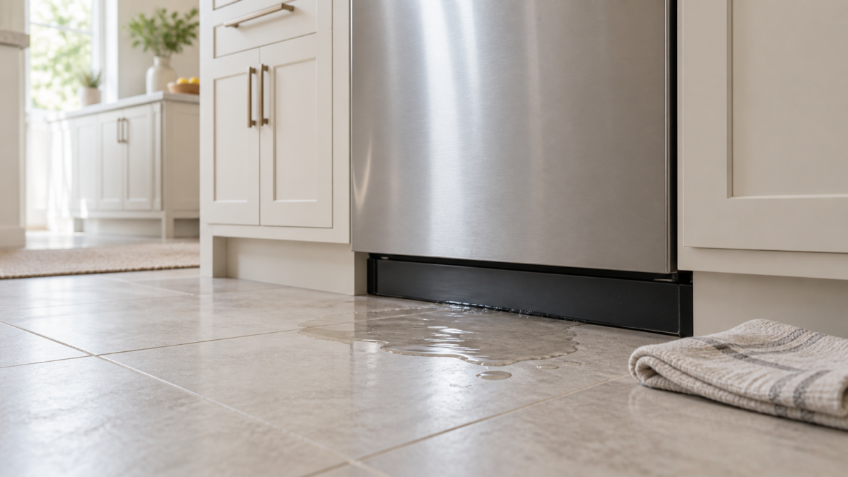 Piccola raccolta d’acqua sul pavimento davanti a una lavastoviglie chiusa in una cucina luminosa