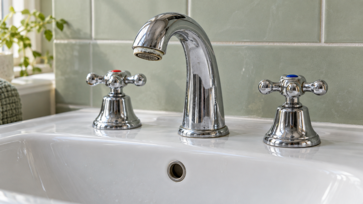 Rubinetto cromato a due manopole su un lavabo in ceramica con piccoli depositi sul rompigetto