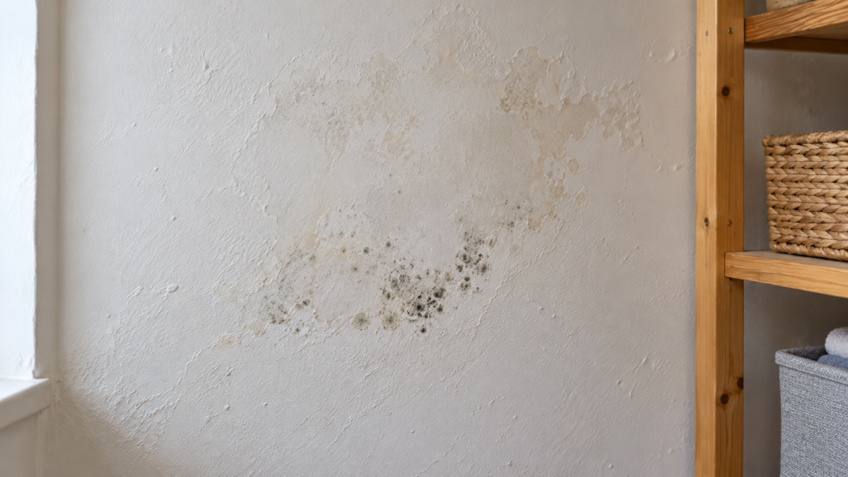 Piccoli puntini di muffa lungo il bordo di una zona scolorita sulla parete di un ripostiglio domestico