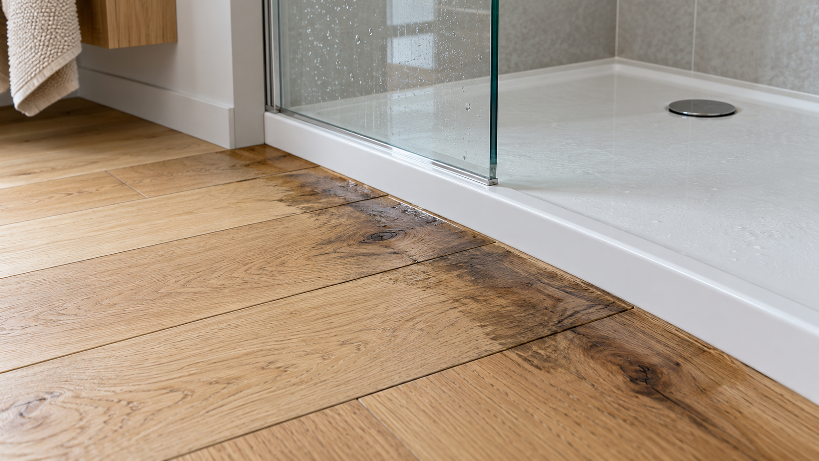 Macchie scure sulle doghe di parquet chiaro lungo il bordo di un piatto doccia bianco con parete in vetro